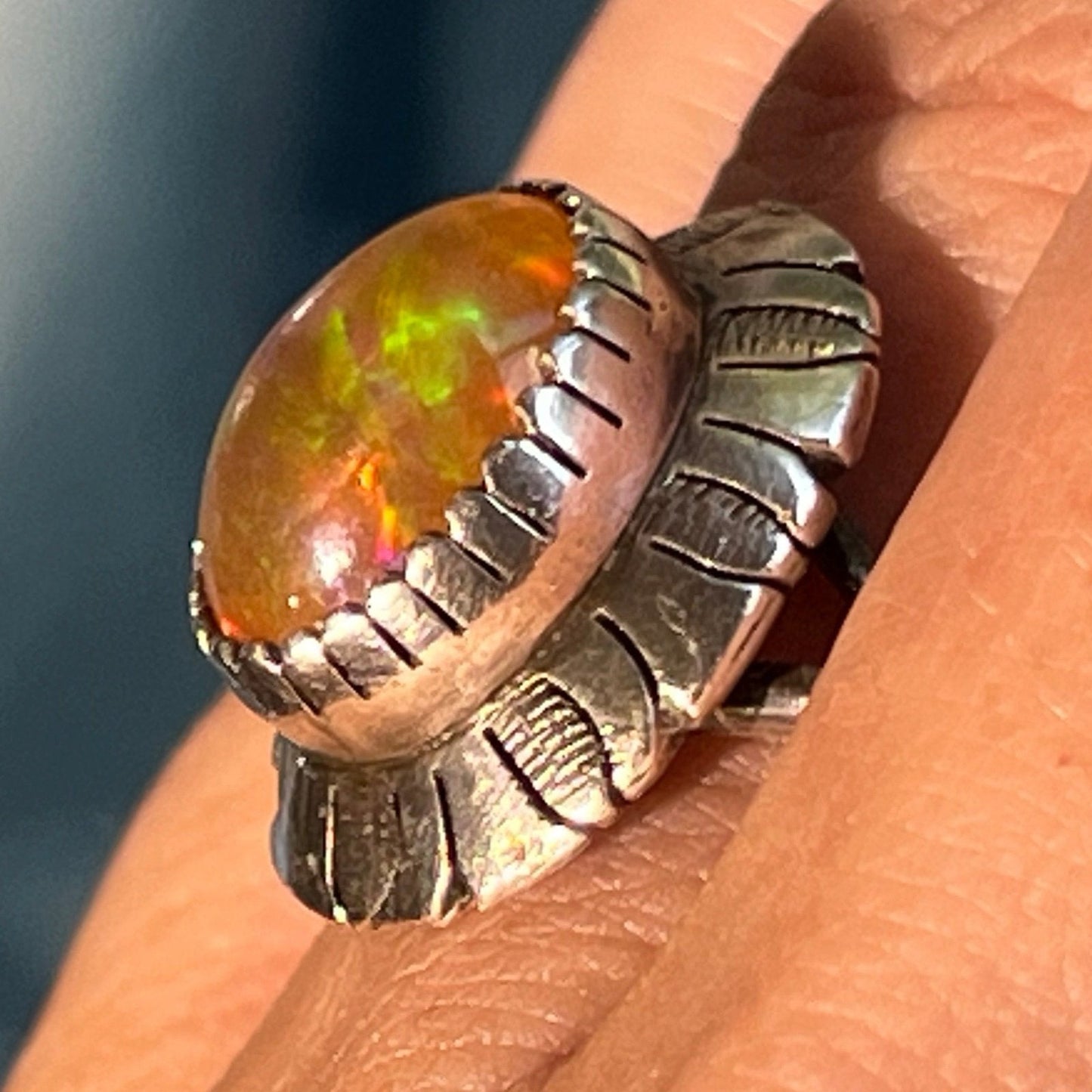 Mexican Fire Jelly Opal Squash Blossom 925 Ring. Old Pawn **VIDEO**