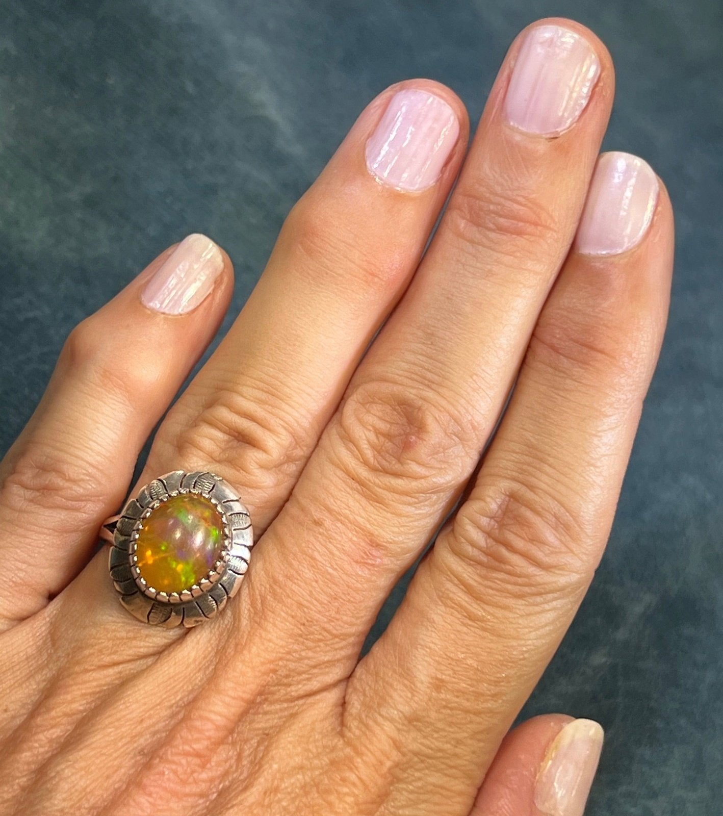 Mexican Fire Jelly Opal Squash Blossom 925 Ring. Old Pawn **VIDEO**