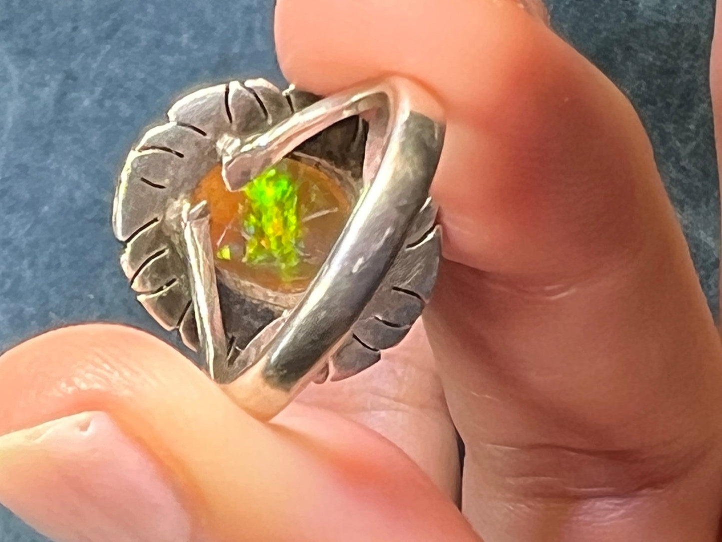 Mexican Fire Jelly Opal Squash Blossom 925 Ring. Old Pawn **VIDEO**