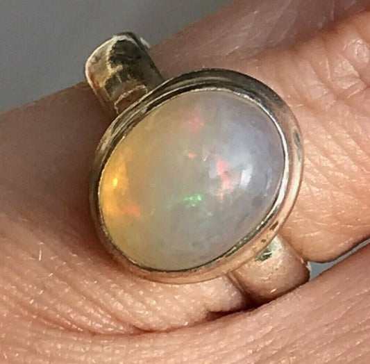 Mexican Cantera Jelly Opal Ring in 925 Bezel Setting. Rainbow! **VIDEO** -K4L4J