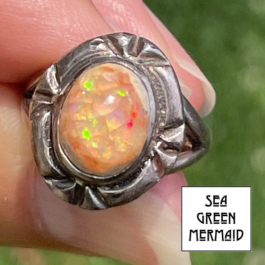 Mexican Fire Boulder Opal Honeycomb Ring in Silver **VIDEO**