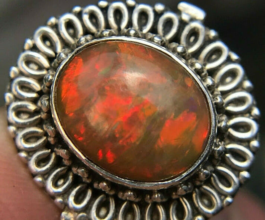 Mexican "On Fire" Opal Ring in 925 Sunburst Mounting. Large 0.6". **VIDEO**