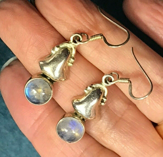 Rainbow Moonstone Dangle Earrings. Blue Glow