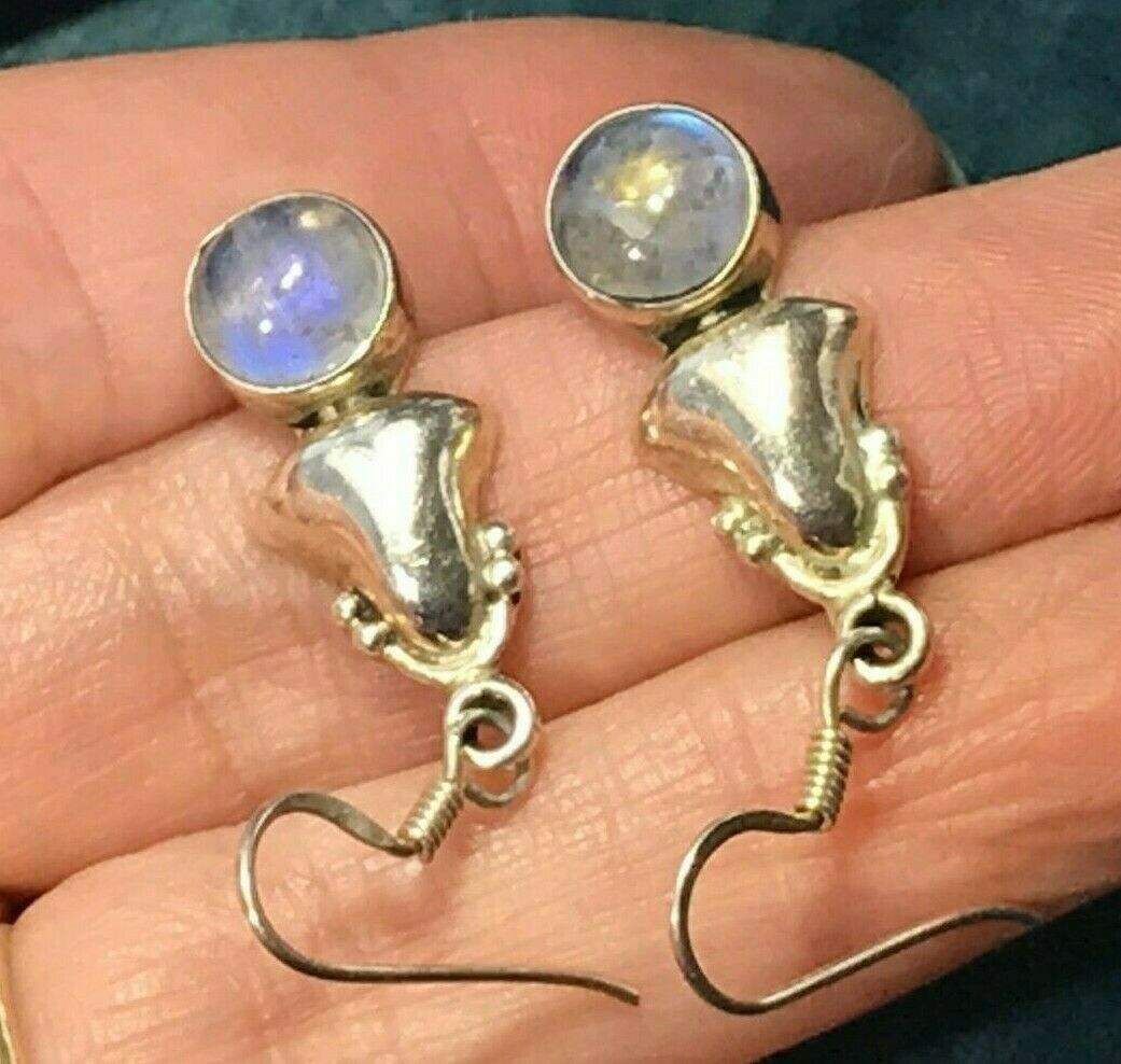 Rainbow Moonstone Dangle Earrings. Blue Glow