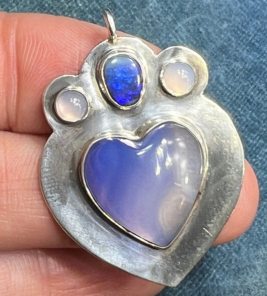 Silver Cabochon Amethyst Heart, Opal + Moonstone Pendant. 1.5" *Video*