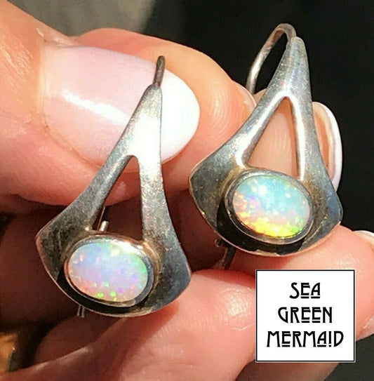 Sterling Silver Australian Belo Lab Opal Dangle Earrings**VIDEO***_ts40_20