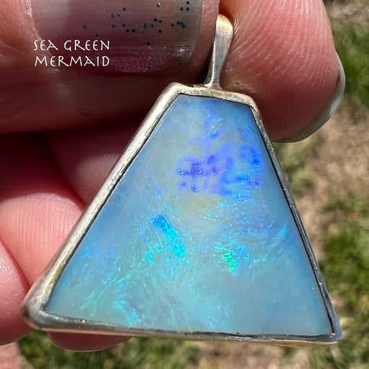 Sterling Silver Australian Opal Pendant. Large Trapezoid *Video*