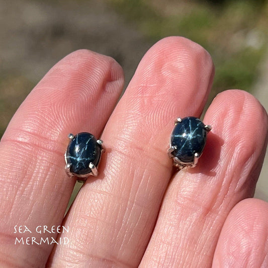 Sterling Silver Natural 4 TCW Blue Star Sapphire Earrings *Video*