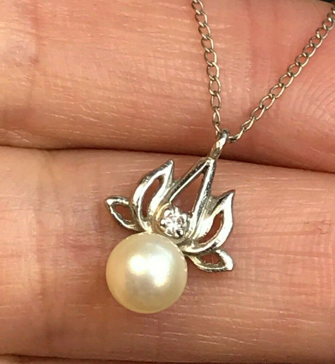 White Gold Diamond & Pearl Lotus Flower Pendant. **Free 14k Chain**-K8L7J