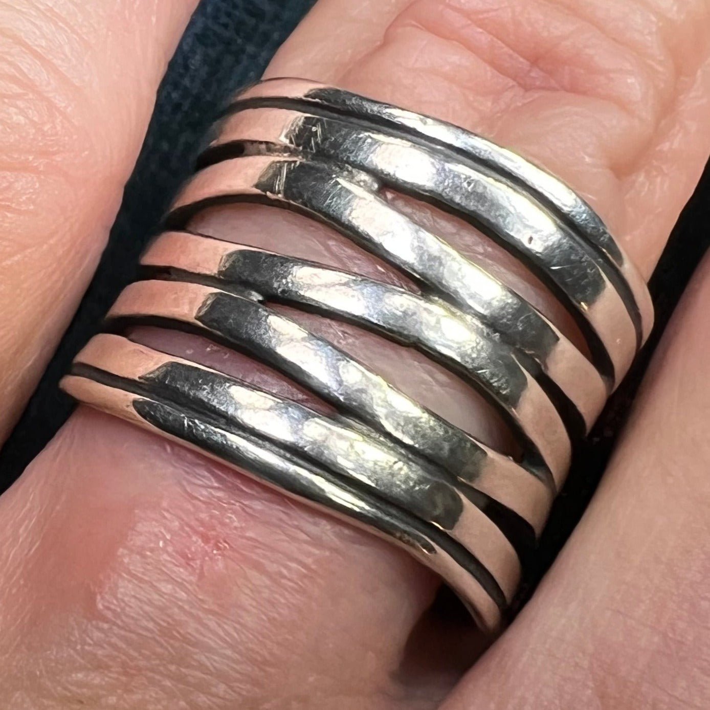Wide Hammered Silver Stacked Multi-Band Cigar Ring