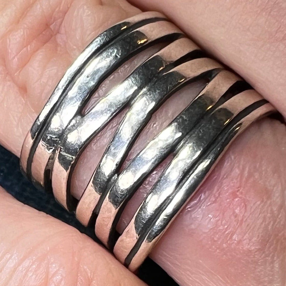 Wide Hammered Silver Stacked Multi-Band Cigar Ring