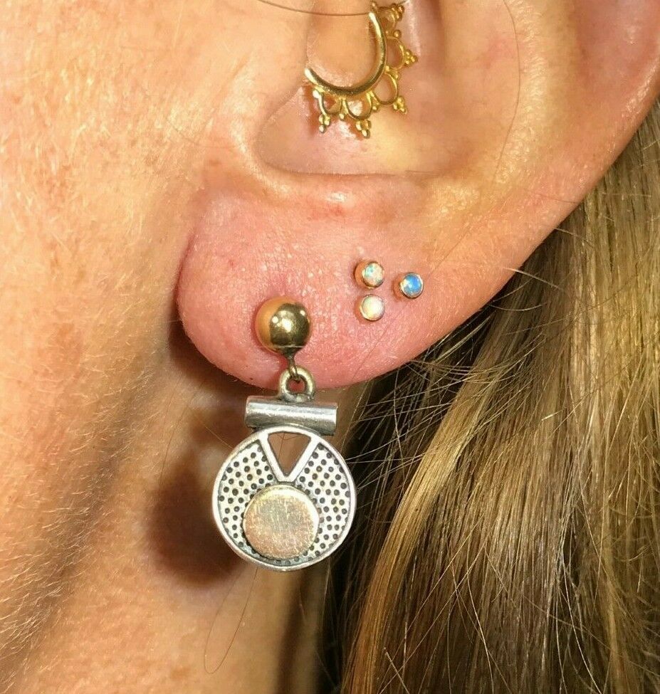 Yellow Gold & 925 Disk Full Moon Earrings. 14k Posts. Bali Style_b40_17