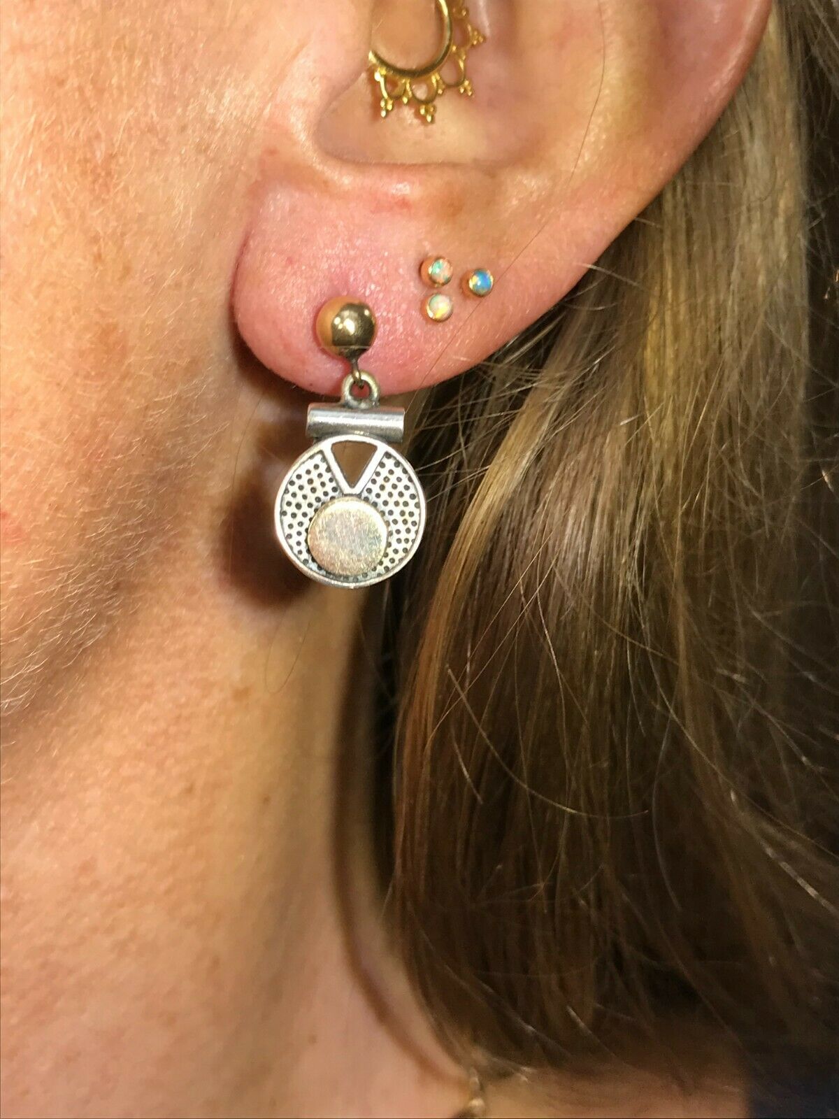 Yellow Gold & 925 Disk Full Moon Earrings. 14k Posts. Bali Style_b40_17